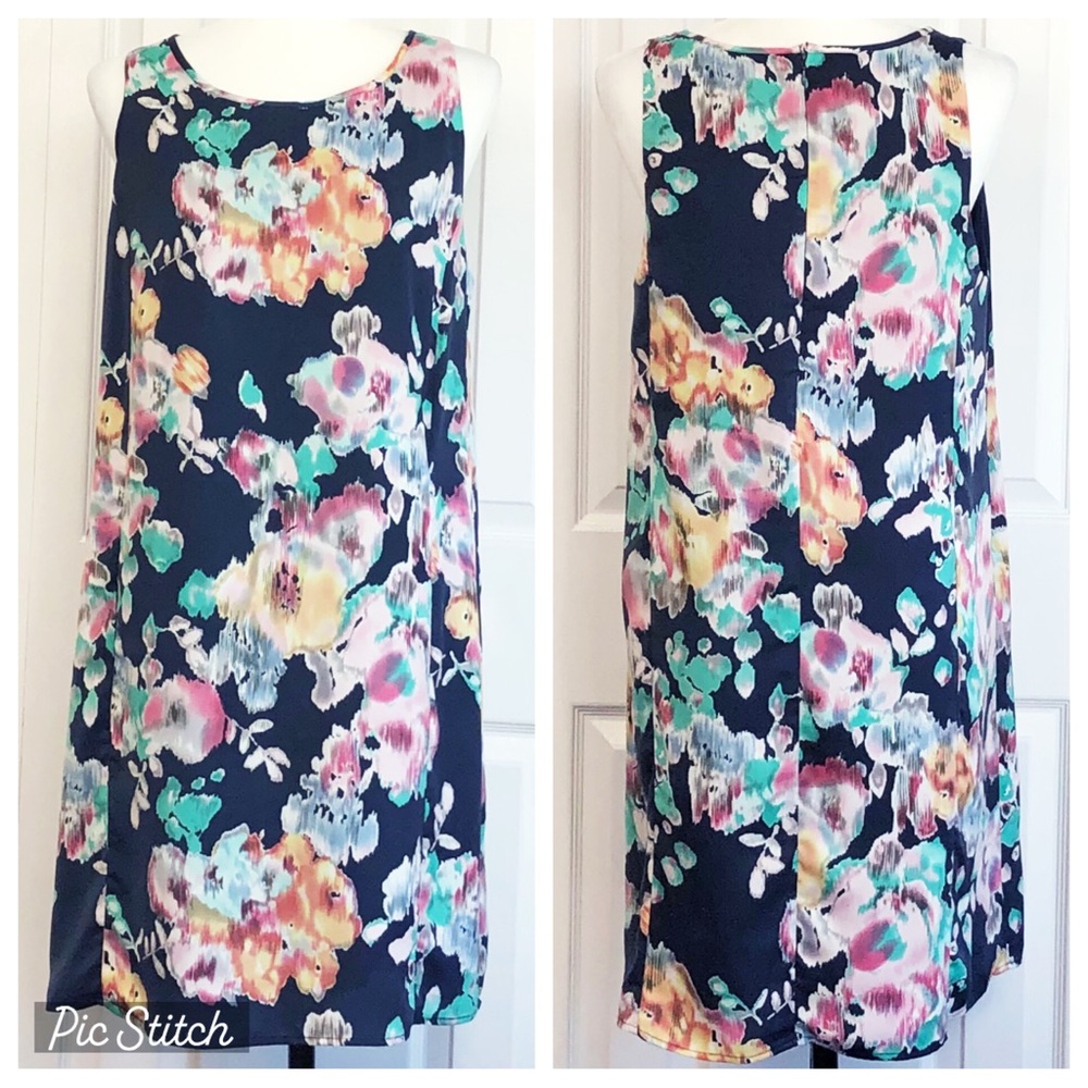 NWT Lila Rose Navy Blue Colorful Floral Sleeveless Mini Shift Dress 12